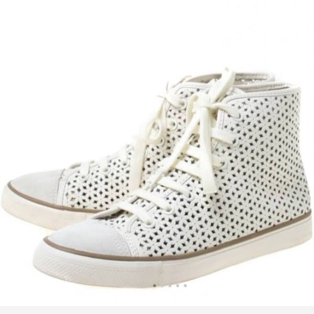 TORY BURCH White Flower Perforate Leather High Top Lace Up Sneakers
